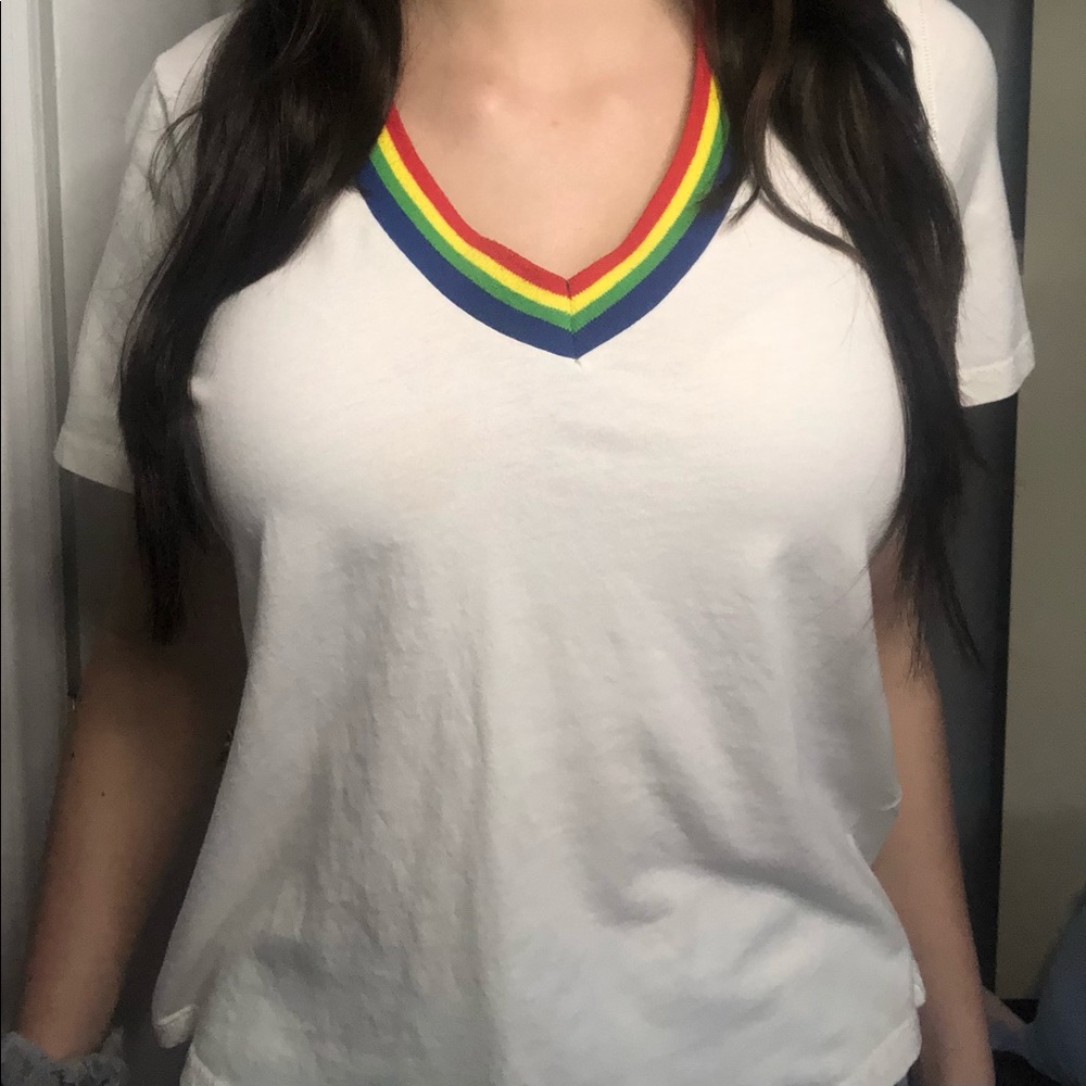 white t-shirt with rainbow neckline
